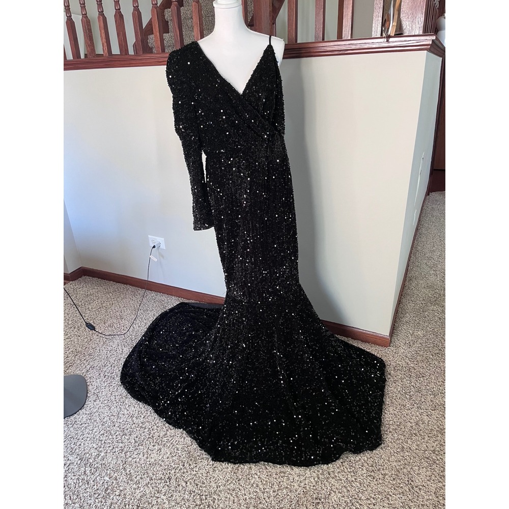 Faeriesty Womens 1XL Black Sequin One Sleeve Mermaid Gown Formal Dress w/ Train‎